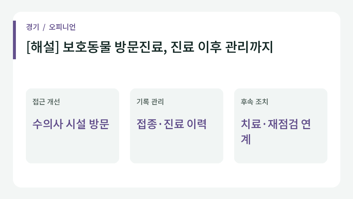 보호동물 방문진료, 진료 이후 관리까지에 관한 정책 점검 항목을 정리한 이미지.
