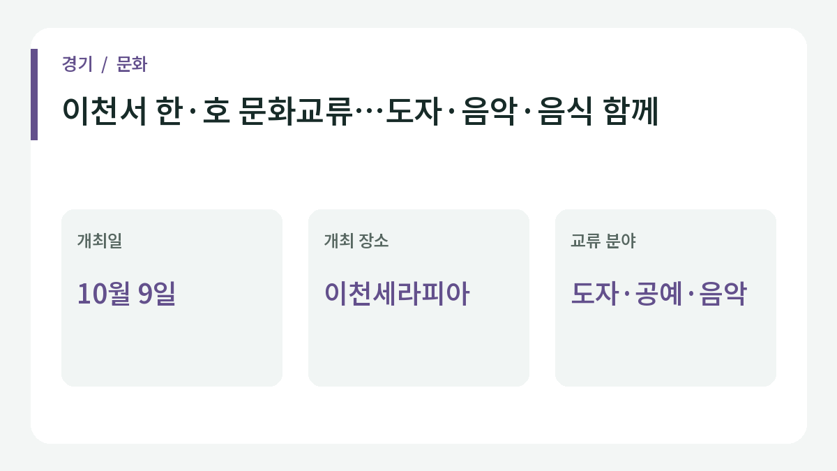 이천서 한·호 문화교류…도자·음악·음식 함께 관련 일정과 핵심 내용을 정리한 안내 이미지.