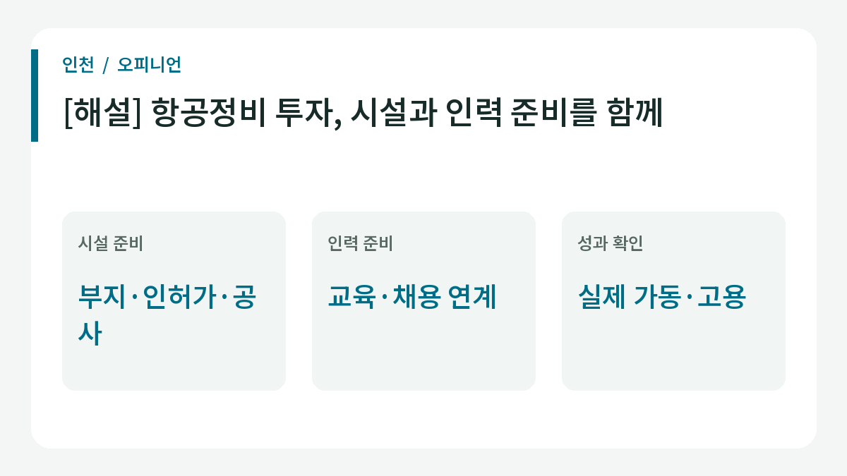 항공정비 투자, 시설과 인력 준비를 함께에 관한 정책 점검 항목을 정리한 이미지.