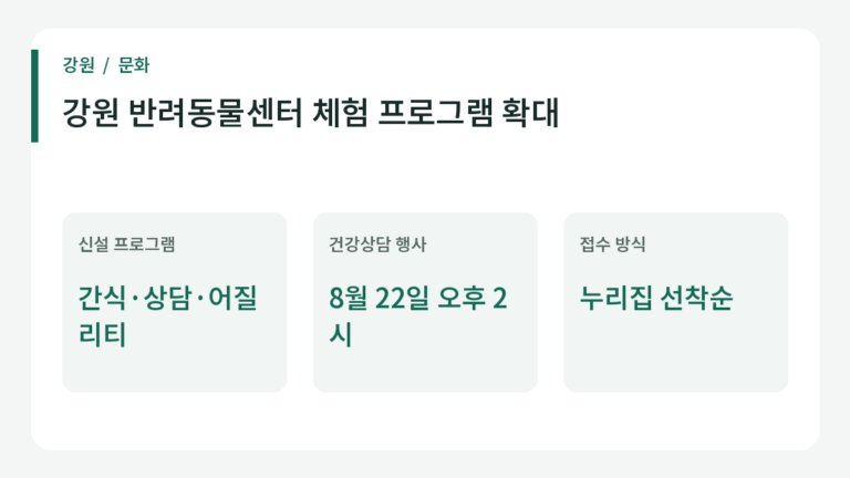 강원 반려동물지원센터 하반기 신규 프로그램과 건강상담 일정.