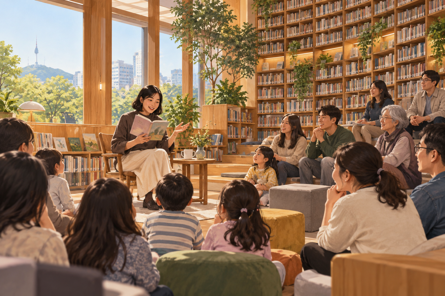 도서관에서 여러 세대가 함께 낭독과 대화를 즐기는 AI 이미지