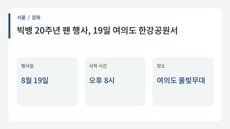 빅뱅 20주년 팬 행사, 19일 여의도 한강공원서의 주요 내용.