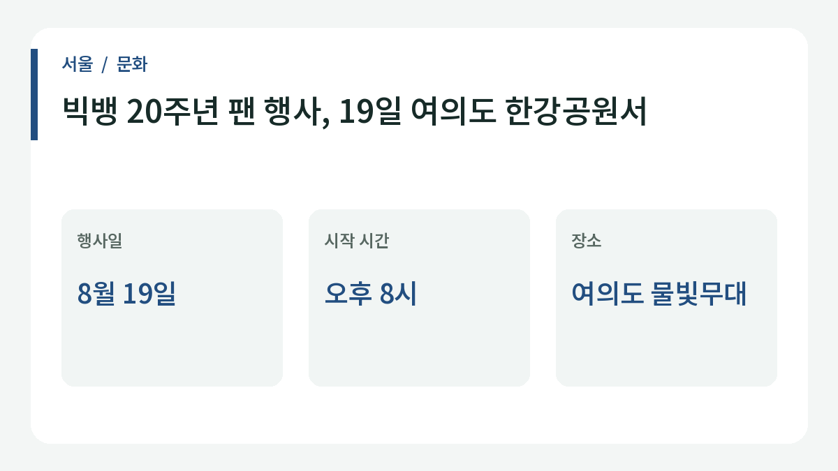 빅뱅 20주년 팬 행사, 19일 여의도 한강공원서의 주요 내용.