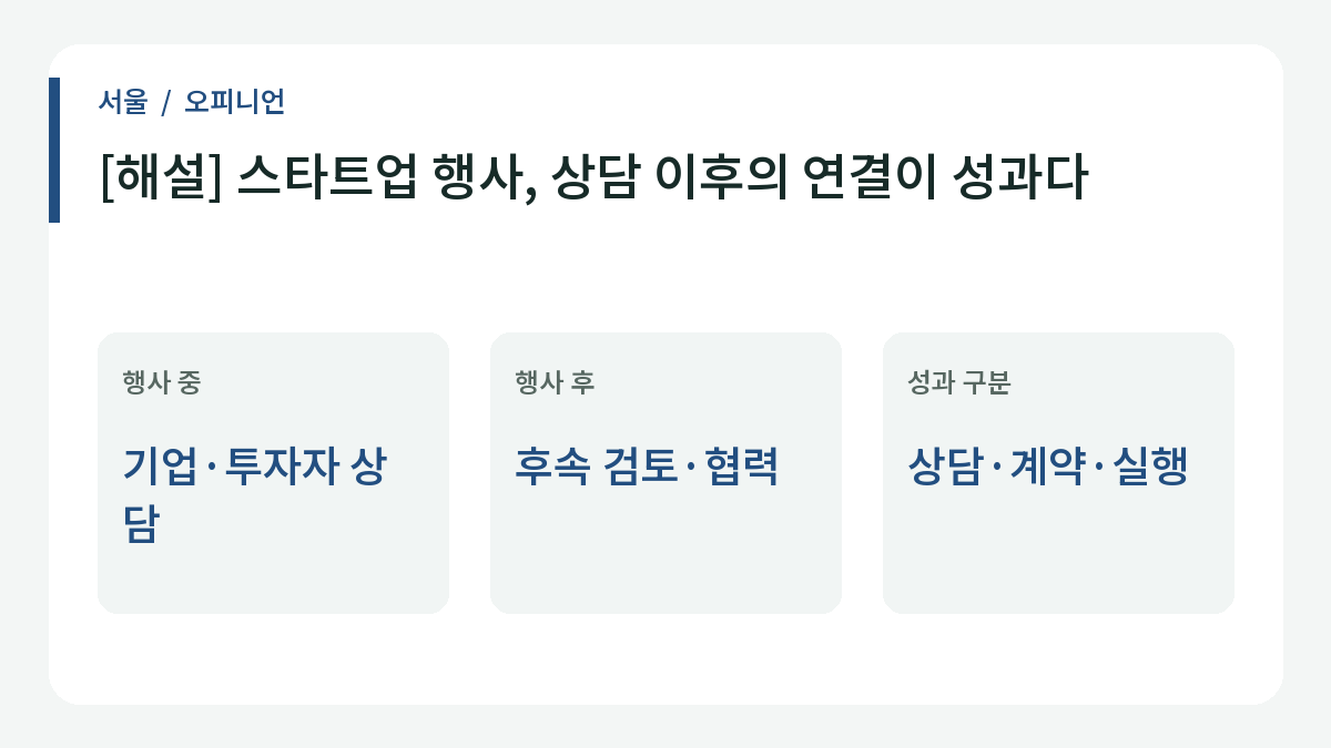 스타트업 행사, 상담 이후의 연결이 성과다에 관한 정책 점검 항목을 정리한 이미지.
